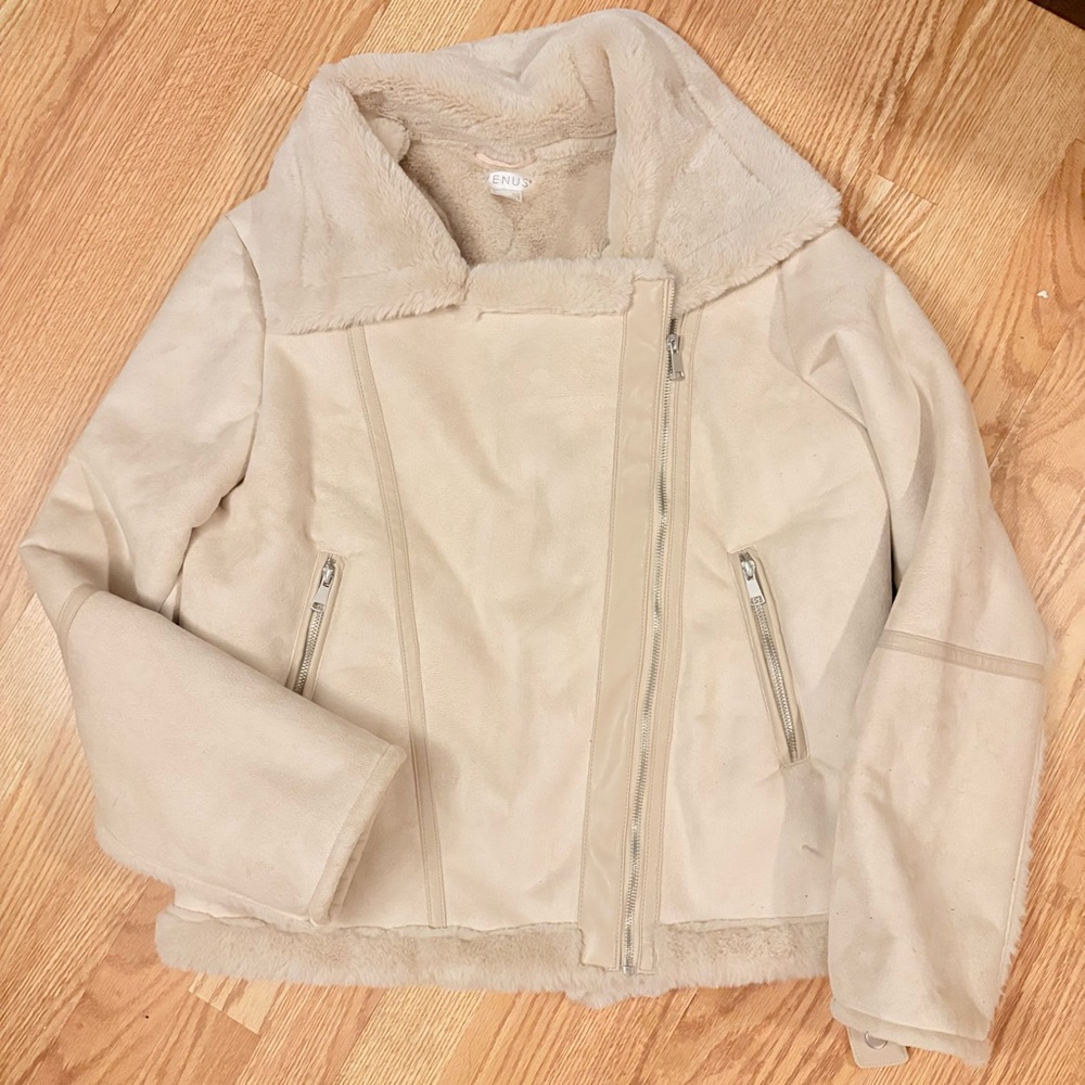 VENUS Cream Suede & Faux Fur Jacket Size Large - Picture 1 of 8